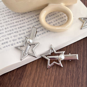 Silver Metal Star Pearl Duckbill Hair Clip Side Part Bangs Hair Accessories Christmas Hair Decorations Fashionable Blogger Style