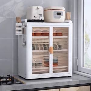 GSlife 3/4 Tier Kitchen Cabinet Dish Rack Organizer with Pull-Out Drainer Carbon Steel Storage Cabinet for Plates Bowls & Utensils