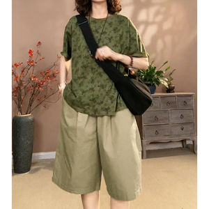 Fashionable plus Size Summer Set Womens Print Top High Waist Shorts Casual Style Complete Outfit round Neck Short Sleeve