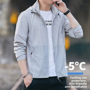 ROMON | Lomond Mens Ultra-Thin Breathable Loose Ice Silk Casual Sunscreen Outerwear Summer Anti-UV Hat Coat Nylon Fiber Long Sleeve