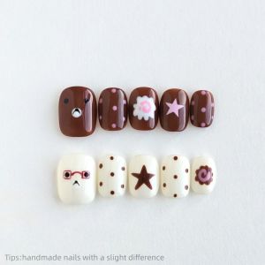 10pcs Handmade Brown White Cartoon Press on Nails Square Short Wearable Reusable Cute False Nails 2026
