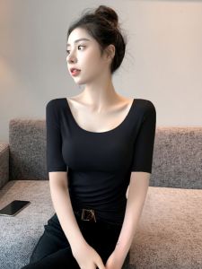 เสื้อยืดคอวีทรงสลิมฟิตสำหรับผู้หญิงในช่วงฤดูร้อน แขนสั้น 5 ข้าง ทรงเข้ารูป ผ้าโมดอล ทรงเข้ารูป ทรงเข้ารูป เสื้อยืดคอวี