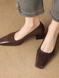 Euchetti Womens Retro Leather Square Toe Chunky Heel Shoes Spring 2025 Soft Bottom mid Heel Slip-On Fashion Single Shoes