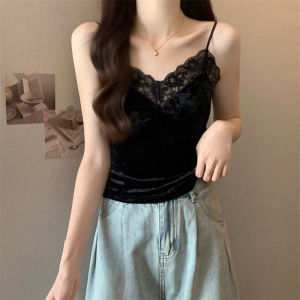Lace Patchwork Velvet Camisole Vest Womens plus Size Slimming Inner Wear with Chest Pad Beautiful Back Top for Autumn