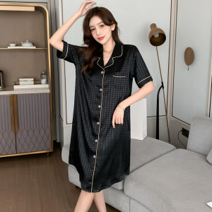 Summer Ice Silk Sleep Dress Women Loose Fitting Medium Length Thin Style plus Size Comfortable True Silk Home Wear Nightgown