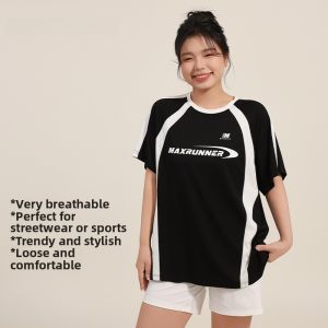 Maxrun Color Block Slimming Sports T-Shirt Womens Short Sleeve Loose plus Size Fitness Running Clothes Quick Dry Top