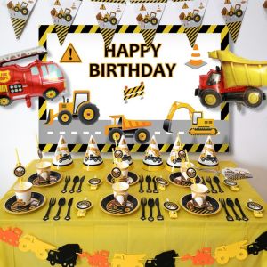 Construction Vehicle Themed Boys Birthday Party Decoration Supplies Dinnerware Cups Plates Flag Set for Celebrations