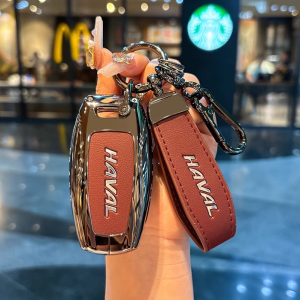 Smart Car Key Fob Case Cover Shell Chain Protector Bag For GWM Haval H6 Jolion H1 H2 H9 HEV PHEV Zinc Alloy Genuine Leather Keyless Remote Holder Buttons Protection Keychain