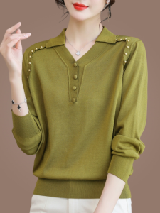 Spring Fashion 2025 Womens Slim Fit Long Sleeve Knitted T-Shirt V-Neck Casual Style Mommy Chic Base Shirt Outerwear