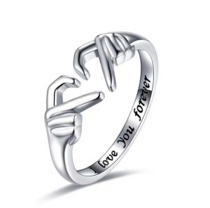 Creative Double Hands Embrace Ring for Women Adjustable Heart Shaped Love Jewelry Fashionable Silver Accessories