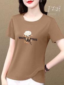 เสื้อยืดแขนสั้นผ้าฝ้ายแท้สำหรับผู้หญิง ทรงหลวม ทรงเข้ารูป ทรงไม่สมมาตร เสื้อผ้าทำงานฤดูร้อน แฟชั่นสำหรับคุณแม่