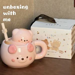 Cốc Cà Phê Gốm Dễ Thương Có Nắp Và Ống Hút Cốc Nước Cho Phụ Nữ Quà Tặng Sinh Nhật Cho Bạn Thân Thiết Kế Gấu Dễ Thương