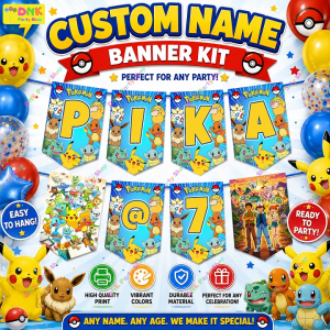 Custom Pokemon Theme Thick Premium Party DIY Letter Number Banners Personalized Name Birthday Decor Customized Pikachu Charmander Bulbasaur Squirtle