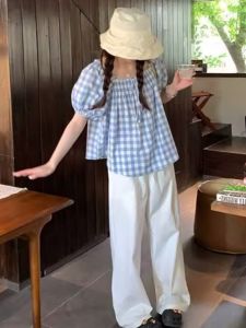 Áo Sơ Mi Cotton Lanh Rộng Rãi Tay Bồng Phong Cách Hàn Quốc Mùa Hè 2024 Cổ Vuông Màu Trơn Tay Ngắn Thường Ngày