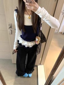 Unique Color Block Long Sleeve T-Shirt Womens Spring Autumn Outerwear Chic Strap Base Shirt Top Korean Style Commute Wind