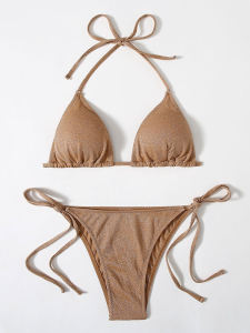 Pure Color Mini Tie Side Swimwear for Women Polyester Material Summer 2022 Casual Sportswear Set Student Uniform Work Outfit