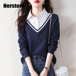 Herstore เสื้อยืดคอโปโลผู้หญิงขนาดพิเศษปลอมสองเสื้อแบบหลวมแฟชั่นของผู้หญิงสไตล์ฤดูใบไม้ร่วง