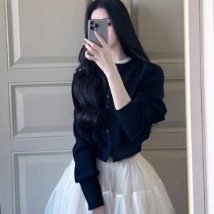 Elegant Long Sleeve Knitted Cardigan And Puffy Skirt Set High Waist Fashionable Maturity Style Online Exclusive Button Closure