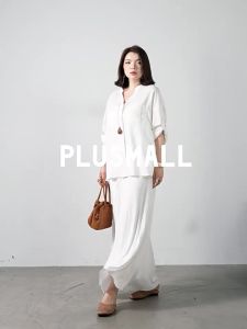 Saline Coast Tencel Linen V-neck Casual Shirt Ramie Knit Knot Fish Tail Skirt