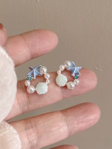 Spring Summer  Sea Blue Shell Starfish Mosquito Coil Pearl Earring Womens Fashion Jewelry Ear Cuff Girls Sensation