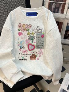 Cổ Tròn Cổ Điển Mỹ Áo Nỉ Áo Sweatshirt Nữ Mới Mùa Thu Mùa Đông Dày Dặn Lông Cừu Rộng Rãi Tay Áo Dài Phong Cách Lười Biếng Áo
