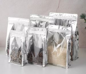 (50 Pcs) Standing Pouch Flat Bottom Silver Alumunium Windows | Kemasan Kopi | Kemasan Snack | Kemasan Paper Ziplock Silver Alumunium