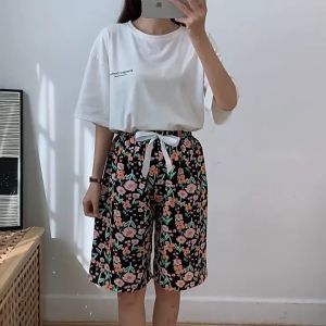 Ruige Womens Cotton Silk Pajama Pants Summer Thin Japanese Floral Loose Large Size Cropped Pants Artificial Cotton New Outerwear Middle Pants