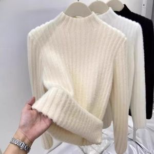 WANGGONGZHU | Thickened Warm Knitted Sweater Womens Fashion Inner Wear Princess Style Commute Thickened Half-High Collar Mink Imitation Sweater