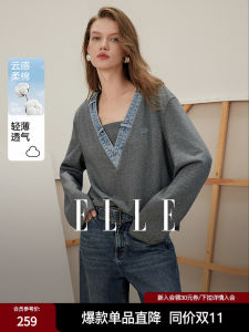 Elle French Style Spliced Denim Sweatshirt Womens Casual Overhead Fashionable Top for Commuting Autumn New Design Cotton Polyester Blend