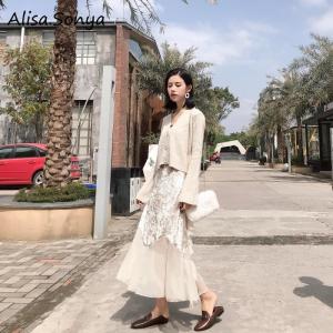 Alisa.Sonya ผู้หญิงกำมะหยี่ชีฟองประกบกระโปรงปลาเอวสูงฤดูใบไม้ร่วงฤดูหนาววินเทจขนาดกลางยาวกระโปรงครึ่งตัว