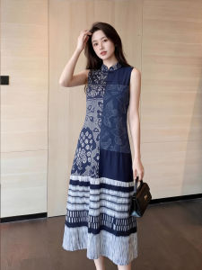 DANTING | Elegant Ethnic Style Blue Printed Sleeveless Vest Dress