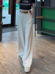 Elegant Casual High Waist Wide Leg Pants Womens White Simple Fashion Slimming Floor-Length Straight Long Trousers Autumn Summer New Style