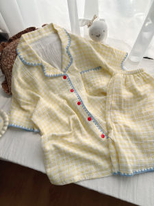 Cotton Plaid Baby Sleepwear Womens Style Summer New Home Clothes Full Cotton Set Can Be Worn outside Japanese Style Grid Design