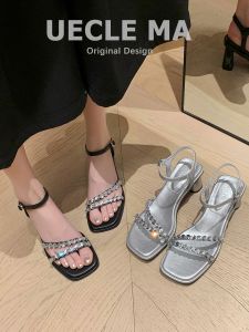 รองเท้าแตะส้นสูงแบบฝรั่งเศสสไตล์เกาหลี หนังแกะ ทรงหัวเหลี่ยม ทรงหัวเหลี่ยม สำหรับผู้หญิง รองเท้าแตะส้นสูงแบบลำลอง