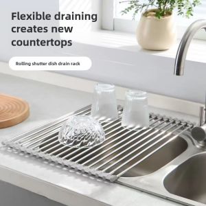 Foldable Stainless Steel Kitchen Sink Storage Rack 304 Dish Drainer Utensil Holder Kitchen Sink Caddy Pot Rack Organizer