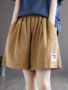 Womens Summer Linen Shorts Casual Cotton-Linen Wide Leg Pants Artistic Style Thin Material Natural Waist Short Length Pockets