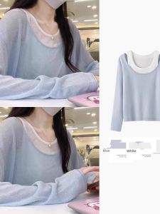 chaqi | Unique Womens Long Sleeve Slim Fit T-Shirt Ultra Cute Dopaamine Top Sun Protection Cover Up Fake Two Piece Summer New Arrival