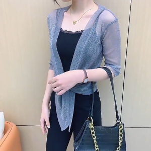 Velishy Phong Cách Áo Khoác Cardigan Nửa Tay Áo Phía Trước Ren-up Áo Phụ Nữ Mỏng Kem Chống Nắng Áo Khoác Ngắn