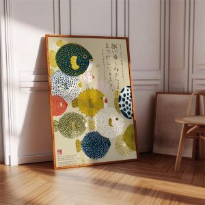 Japanese Pufferfish Canvas Art Print Abstract Mid Century Modern Wall Art Colorful Fish Poster for Minimal Coastal Home Decor