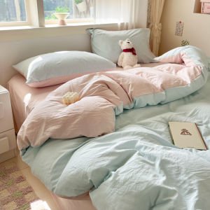 Washed Cotton Bedding Set Dormitory Male Model Pure Color Double Splice Four Piece Set Bed Sheet Cover Quilt Cover Three Piece Set