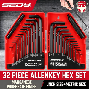 SEDY 32-Piece Hex Key Wrench Set Metric and SAE Allen Wrenches L Shape Allen Keys Chrome Vanadium Steelwith 2x Extension Handl