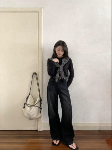 NIHAOKANONG | Quần Jeans Đùi Rộng Cao Cổ Vintage Đã Giặt ủi