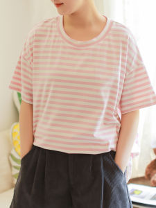 Loose Cotton Striped Short Sleeve T-Shirt round Neck Casual Style Summer New Arrival for plus Size Women Comfortable Breathable
