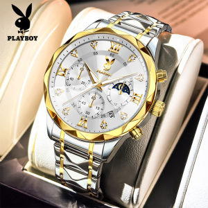 PLAYBOY นาฬิกาผู้ชาย ระบบควอตซ์ สไตล์หรู กันน้ำ สายสแตนเลส หน้าปัดคริสตัล ใส่ได้ทุกโอกาส เหมาะสำหรับของขวัญ