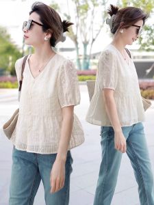 XUNYI | Áo Babydoll Vải Snow纺 Gập V Slimming Mới Xuất Hiện Mùa Hè Tay Ngắn