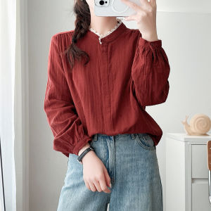 French Style Pure Cotton Long Sleeve Shirt Womens Stand Collar Double Layer Lace Trim Splice Base Top Loose Fit Button Detail