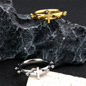 Christian Christ Jesus Cross Ring Stainless Steel Gold Color Lord Prayer Catholic Rosary Church Rings Jewelry Anillo RRR41S02