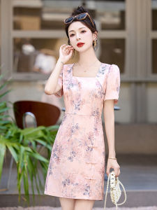 New Chinese Style Low Neck Young Womens Dress Summer Floral Print Short Sleeve Flag Robe Daily Wear High End Feeling Gown