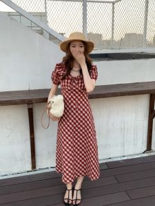 Summer 2025 French Vintage Plaid Dress Women Sweet Spicy Atmosphere Vacation Long Dress Bubble Sleeve High Waist Cotton Gauze