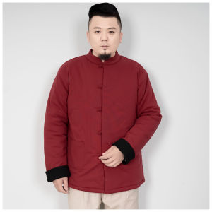 Mens Thickened Cotton Jacket Autumn Winter Fashion Urban Style Warmth Stand Collar Chinese Style Coat Button Decoration Side Seam Pocket